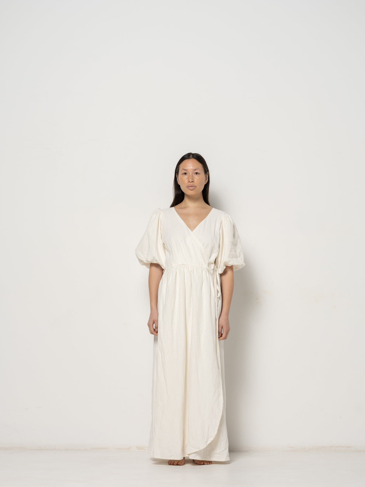 Ida Wrap Puffsleeve Dress - Natural Ramie Cotton